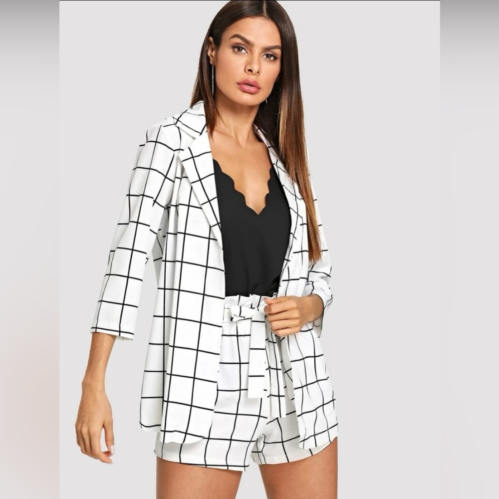 Plaid blazers with self Tie waist shorts